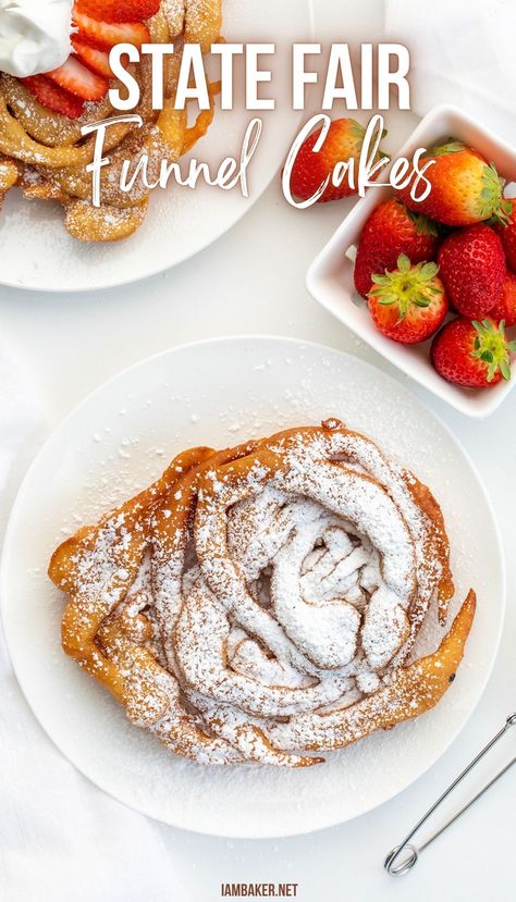 A homemade funnel cake topped with confectioners sugar, fresh strawberries are in a bowl in the background. Funnel Fries, Fried Pastry, Easy Impressive Dessert, Homemade Funnel Cake, Cake Calories, Funnel Cakes, Impressive Recipes, Elegant Desserts, Desserts For A Crowd