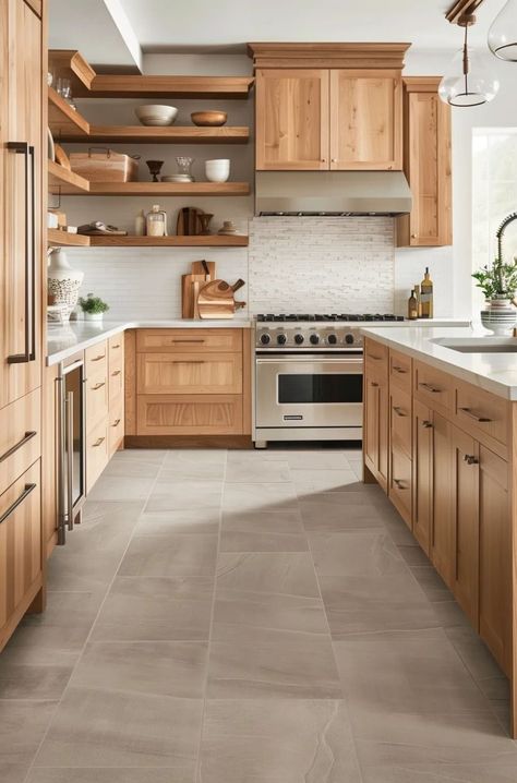 This post shows you the best kitchen flooring ideas with honey oak cabinets! Seeking a modern twist for your oak cabinet kitchen? Embrace the beauty of oak cabinets and find the perfect blend of tradition and contemporary flair for your kitchen. Oak Cabinet Kitchen, Best Kitchen Flooring, Kitchen Modern Farmhouse, Kitchen Flooring Ideas, Best Flooring For Kitchen, Honey Oak Cabinets, Classy Kitchen, Maple Kitchen, Oak Cabinet