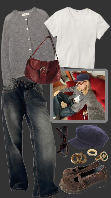 outfit for fall or winter with a red purse, grey cardigan, navy newsboy cap, and mary janes :) Outfits With Grey Cardigan, Mary Janes Outfit, Outfit For Fall, Navy Cap, Cap Outfit, Red Purse, Red Purses, Cardigan Outfits, Fall Fits