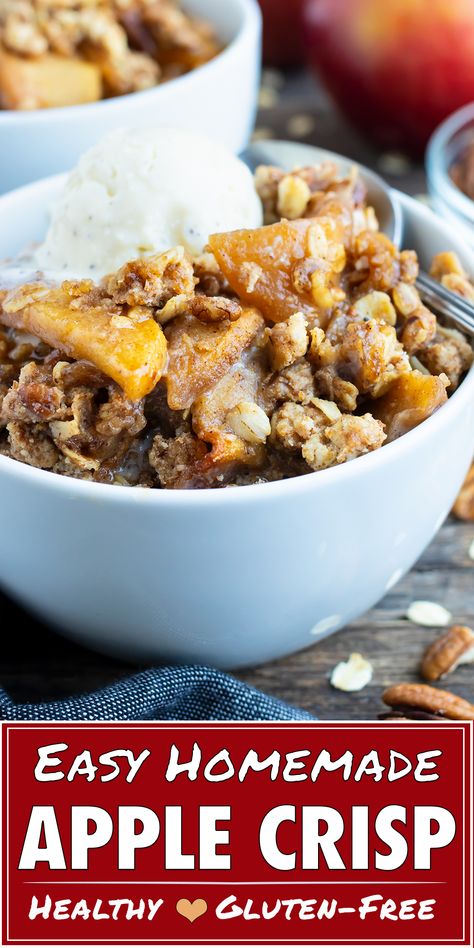 This Homemade Apple Crisp is loaded with tender baked apples and topped with an oatmeal crisp topping perfect for your fall dessert! This gluten-free, healthy apple crisp can easily be made vegan. Top with whipped cream or ice cream to take it to the next level. #apple #crisp #fall #glutenfree #vegan #apples #dessert The Best Apple Crisp, Apple Crisp Recipe Healthy, Apple Crisp With Oatmeal, Best Apple Crisp Recipe, Oatmeal Apple, Vegan Apple Crisp, Crisp Topping, Healthy Apple Crisp, Gluten Free Apple Crisp