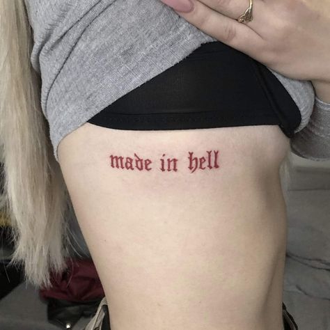 Satanic Tattoos For Women, Love My Chaos Tattoo, Grunge Word Tattoos, Tiny Tattoo Ideas Simple, Goth Word Tattoo, Discrete Tattoos For Women, Sternum Word Tattoo, Thought Tattoo Ideas Women, Self Sabotage Tattoo Ideas