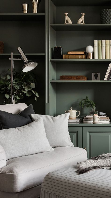 Classic moody library vibes - perfect for winter months | The dark green bookshelves complements the soft neutral grey colour palette | Seen here: Bemz Chalk Simply Linen cover for an IKEA Stocksund armchair + Conscious Silver Grey Pinstripe on a Vallentuna module Dark Home Office, Green Home Offices, Ikea Stocksund, Moody Interior Design, Home Library Design, Living Room Green, Green Rooms, Living Room Inspo, Front Room