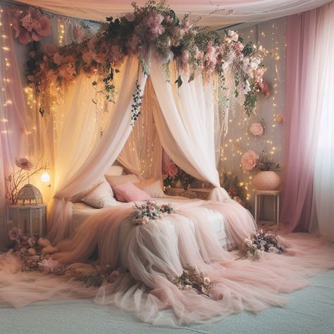 Flower Themed Bedroom Aesthetic, Canopy Bed With Flowers, Rose Themed Bedroom, Ethereal Aesthetic Bedroom, Flower Themed Bedroom, Adult Princess Bedroom, Ethereal Bedroom Aesthetic, Floral Room Aesthetic, Fairy Tale Bedroom