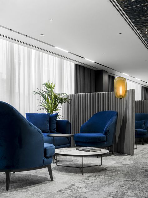 Modern Bank Interior Design, Finance Office Interior Design, Bank Design Interior, Blue Corporate Office, Futuristic Lounge, Waiting Area Design, Bank Interior Design, Bank Interior, Bank Office