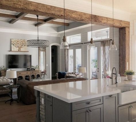 Beam Separating Kitchen And Living Room, Kitchen Wall Removal, Ceiling Ideas Living Room, Exposed Wood Beams, Farmhouse Rustic Decor, Open Kitchen And Living Room, Wood Columns, Ceiling Ideas, Modern Farmhouse Bathroom