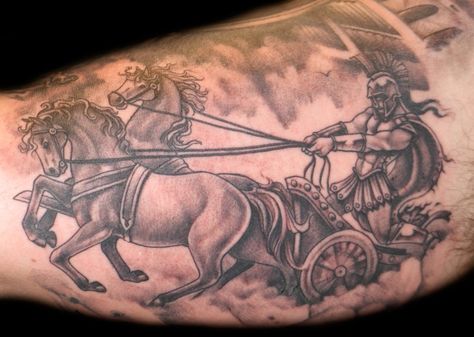 Cool black and white piece done by @Sausagekingtat! #JoinTheRevolt Chariot Tattoo Design, Chariot Tattoo, Nice Tatoos, Equine Tattoo, Calf Sleeve Tattoo, Bar Rescue, Aztec Tattoo, Greek Tattoos, Horse Tattoo