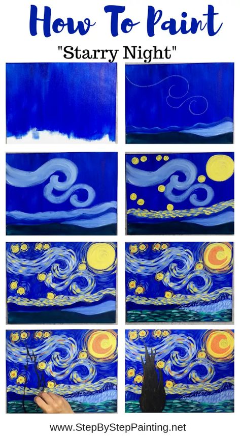 This is a simplified, easy version of the famous Starry Night by Vincent Van Gogh. Learn how to paint this with simple step by step directions. Great for kids and the absolute beginner acrylic painter! Paint Starry Night, فنسنت فان جوخ, Starry Night Painting, Arte Van Gogh, Seni Dan Kraf, Small Canvas Art, Simple Acrylic Paintings, Step By Step Painting, Night Painting