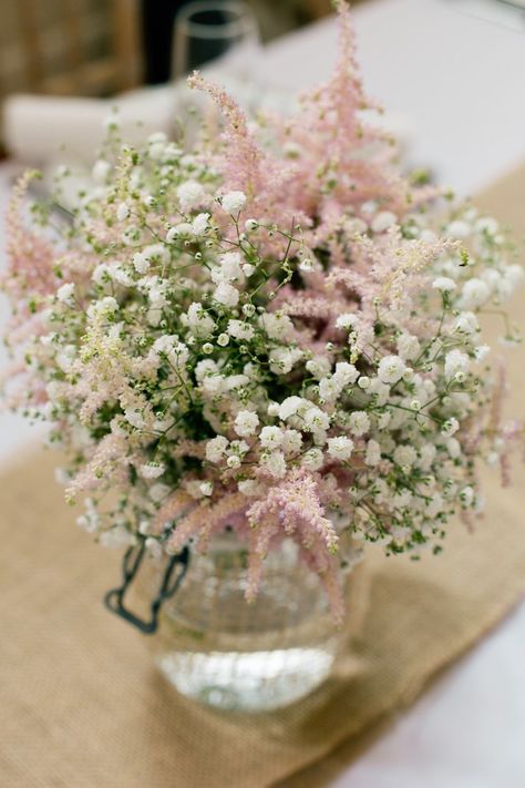 Gyposophia Astilbe Hessian Jar Flowers Centrepiece Table Decor  Pretty DIY Pink Village Hall Countryside Wedding http://www.jobradbury.co.uk/ Wedding Flower Table Decorations, Jar Flowers, Flower Table Decorations, Deco Rose, Babies Breath, Wedding Table Flowers, Countryside Wedding, Whimsical Wonderland Weddings, Diy Wedding Flowers