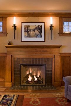 Fireplaces Through the Ages: Arts & Crafts Craftsman Fireplace Mantels, Craftsman Family Room, Craftsman Style Fireplace, Arts And Crafts Fireplace, Craftsman Interiors, Craftsman Fireplace, Arts And Crafts Bungalow, Traditional Family Room, Design Art Nouveau