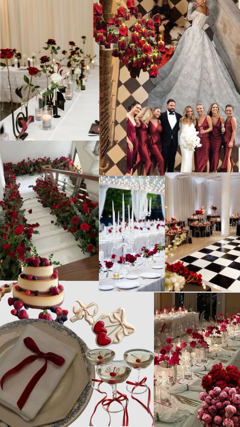 Red And White Wedding Aesthetic, Red Beige White Wedding, Taupe And Red Wedding, Red Cream Wedding Theme, Cherry Red Wedding, Red And Cream Wedding Theme, Wedding Red And White, Red Cream And Gold Wedding Decor, Champagne And Red Wedding