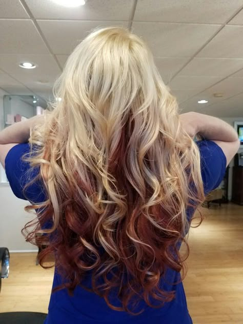 April created this incredible color combination with Goldwell color!#goldwell #doubleprocessblonde #halfblondehalfred #weknowcolor Blonde Red Peekaboo, Blonde Hair With Red Streaks Underneath, Red And Blonde Hair Color Peekaboo, Blonde Hair With Bright Red Underneath, Chunky Red Highlights In Blonde Hair, Best Hair Dye, Red Blonde Hair, Red To Blonde, Hair Life