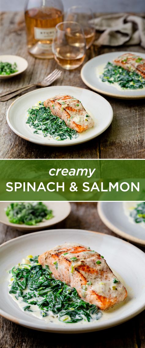 Salmon Mashed Potatoes Spinach, Salmon Green Onion, Salmon And Creamed Spinach, Salmon With Creamy Spinach Sauce, Salmon With Spinach Recipes, Salmon Recipes And Sides, Salmon With Spinach Cream Sauce, Salmon And Spinach Recipes, Creamy Spinach Salmon