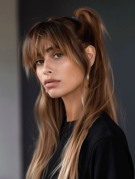 30 Charming Ponytails with Bangs: A 2024 Style Guide Ponytail Styles With Bangs, Style A Ponytail, Ponytails With Bangs, Sharp Aesthetic, Ponytail Hairstyle Ideas, Messy Ponytail Hairstyles, Bangs Cut, Straight Across Bangs, Voluminous Ponytail