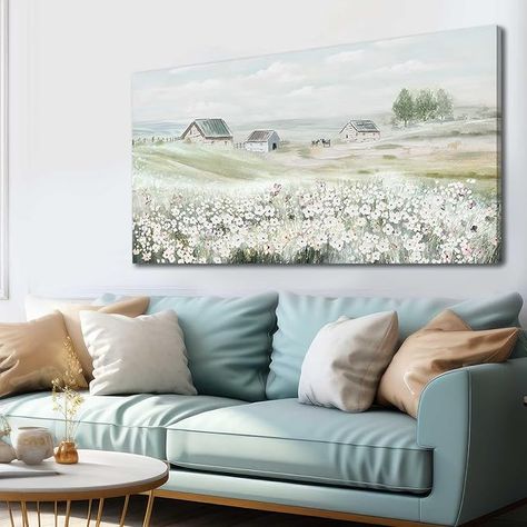 Amazon.com: VAYIMDH Farmhouse Wall Art White Flowers Painting Rustic Scenery Green Pictures Wall Decor 24"x 48" Meadow Prints for Living Room Dining Room Bedroom Aesthetic: Posters & Prints Bedroom Aesthetic Posters, Art Over Couch, Room Bedroom Aesthetic, Farmhouse Artwork, Pictures Wall Decor, Farmhouse Paintings, Prints For Living Room, Aesthetic Posters, Green Pictures