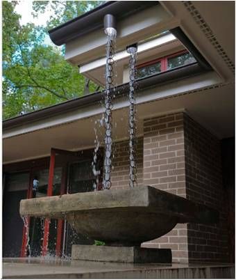 Dramatic Concrete bowl Rain Chain Water Feature, Modern Rain Chains, Downspout Ideas, Rain Chain Garden, Gutter Drainage, Rain Chains, Prairie Style Houses, Drainage Solutions, Concrete Bowl