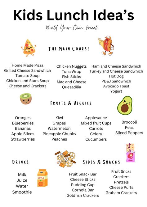 Digital Kids Lunch Ideas - Etsy Toddler Sack Lunch Ideas, Take To School Lunch Ideas, School Age Lunch Ideas, Packed Lunch Ideas For Picky Eaters, Toddler Summer Meals, School Lunches Picky Eaters, Picky Kindergarten Lunch Ideas, Kid Healthy Lunch Ideas, Lunch For Picky Kids School