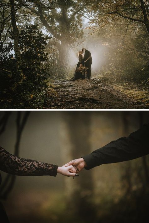 Elopement with a black wedding dress. Foggy moody elopement in Asheville NC. Elopement planning and photography by Legacy and Legend Co. All Inclusive elopement packages, photography, officiant, bouquet. Gothic Wedding Picture Ideas, Salem Wedding Photos, Wedding Photos Dark And Moody, Moody Forest Wedding Photography, Spooky Wedding Pictures, Moody Fantasy Wedding, Goth Wedding Photo Ideas, Goth Wedding Pictures, Witchy Wedding Photography