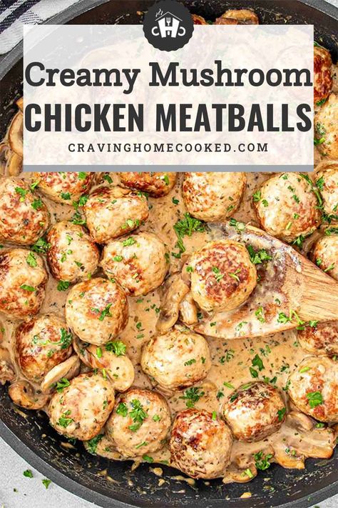 Savor every bite of these Creamy Mushroom Chicken Meatballs - the perfect mix of comfort and flavor! 🍴 #ChickenMeatballs Creamy Chicken Meatballs, Ground Chicken Meatballs Crockpot, Ground Chicken And Mushrooms, Chicken Meatball Ideas, Chicken Meatballs And Gravy, Frozen Chicken Meatball Recipes, Creamy Mushroom Crockpot Chicken, Creamy Mushroom Meatballs, Chicken Creamy Mushroom Sauce