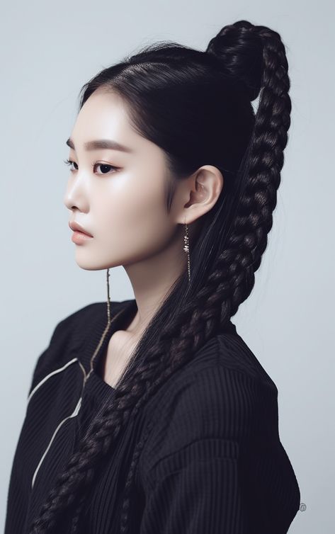 #aigeneratedart #kpop #koreanmodel #BraidStyle #AIGenerated #Hairstyle #MidJourney #asianmodel #AIphoto #orientalAesthetics Chinese Braided Hairstyles, Hairstyle Art Reference, Sci Fi Hairstyles, Long Hair Asian, Big Braid, Asian Hairstyles, Big Braids, Hairstyles For Girls, Portrait Photography Women