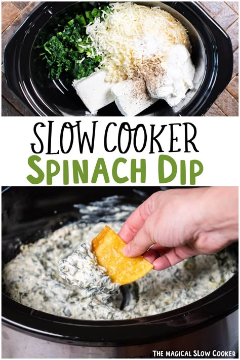 Slow Cooker Spinach and Artichoke Dip - The Magical Slow Cooker Spinach Dip In Crock Pot, Spinach Crockpot Dip, Hot Spinach And Artichoke Dip Crockpot, Slow Cooker Finger Food, Spinach Dip Recipe Easy Crock Pot, Spinach Dip Recipe Crockpot, Hot Spinach Dip Crockpot, Crock Pot Spinach Artichoke Dip, Spin Dip