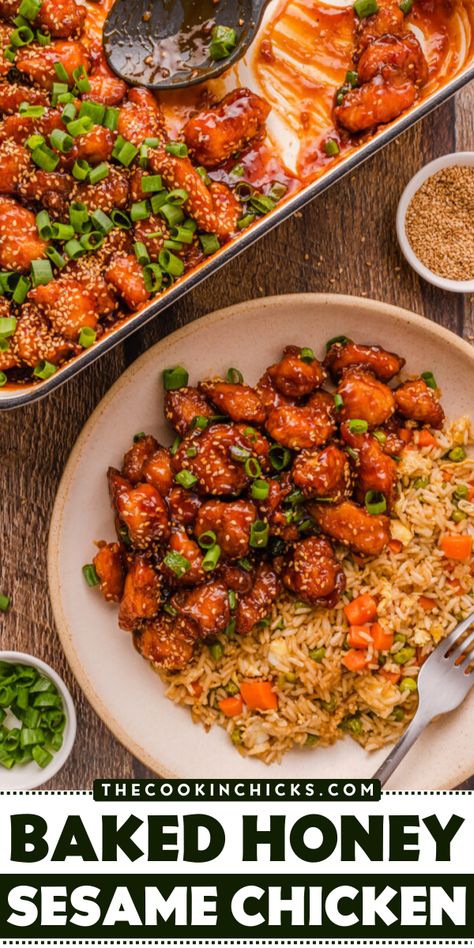 An easy dinner idea for some Asian-inspired sesame honey chicken! This baked sesame chicken recipe beats out any takeout with its sweet, savory, and tangy homemade flavor. Pair up this chicken dinner recipe with white or fried rice for a truly mouthwatering meal! Honey Chicken Fried Rice, Honey Chicken Rice Bowl, Asian Recipes With Rice, Asian Inspired Chicken Recipes, Chicken And Rice Asian, Baked Sesame Chicken Recipe, Chicken Breast Dinner Ideas Easy, Dinner Recipes Asian, Baked Honey Sesame Chicken