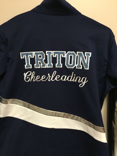 Back of triton cheerleading jacket embroidered Cheer Coach Jackets Designs, Cheer Hoodies Design Cheerleading, Cheer Hoodies, Cheer Jackets, Cheer Practice Outfits, Cheer Practice, Cheer Coach, Coach Jackets, Cheerleading Uniforms