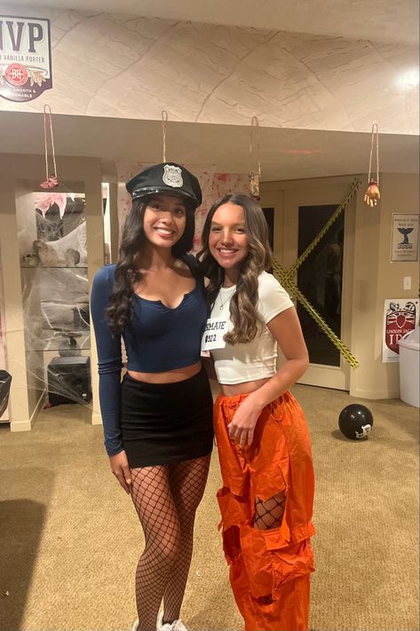 Cop And Robber Costume Cute, Cop And Robber Costume Duo, Linda And Heather Costumes, Friend Halloween Costumes Two College, Duo Halloween Costumes Cops And Robbers, Matching Customes Halloween Best Friends, Halloween Cop And Prisoner, Police Prisoner Costume, Police And Firefighter Halloween Costume