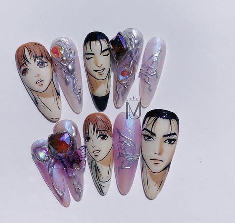 Manhwa Nails, Tgcf Nails, Nail Chibi, Bi Nails, Anime Nail, Nail Store, Anime Nails, Uñas Acrilicas, Coffin Nails Designs