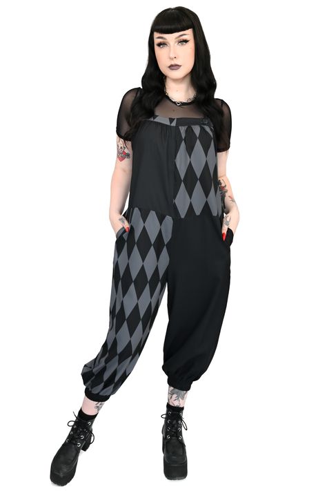 black and grey colorblock overalls with harlequin diamond print and front pom poms Split Color Clothes, Emo Overall Outfits, Punk Overalls, Goth Overalls, Clown Core Outfit, Goth Jumpsuit, Clowncore Jumpsuits & Rompers, Green Hair Dye, Black Overalls