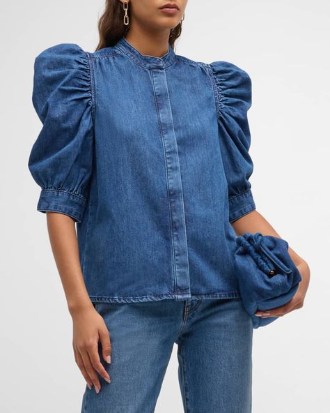 Get free shipping on FRAME Gillian Denim Puff-Sleeve Top at Neiman Marcus. Shop the latest luxury fashions from top designers. Denim Sleeves, Winter Blouses, Exaggerated Sleeves, Double Denim, Denim Blouse, Dark Blue Jeans, Quiet Luxury, Dark Room, Puffed Sleeves