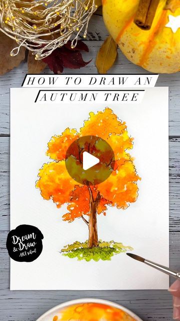 DRAWING TUTORIALS🔹WATERCOLOR🔹SKETCHING on Instagram: "Let’s draw an autumn tree today🍁☺️  🧡 Also try my free demo lesson via the link in my BIO👉 @dreamanddraw.school   ⭐️If you like such videos please press ❤️ and subscribe☺️  Share your sketch on Instagram with the hashtag #dreamanddrawschool and tag my profile @dreamanddraw.school  #autumndrawing #autumnart #fallart #falldrawing #autumnwatercolor  #watercolortutorial #watercolorvideos #watercolour #watercolor #watercolorsketching #artlesson #arttutorial #watercolortutorial #sketchtutorial #howtodraw #howtopaint #howtowatercolor #howtosketch #easysketch #easydrawing" Fall Watercolour Tutorials, Autumn Tree Watercolor, Fall Trees Drawing, Watercolor Autumn Trees, Simple Fall Watercolor Cards, Autumn Tree Drawing, Watercolour Tree, Watercolour Trees, Autumn Drawing Ideas