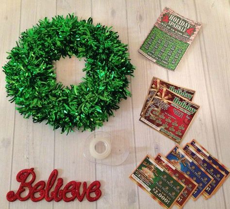 Lottery Tickets For Christmas, Christmas Lotto Ticket Ideas, Lottery Ticket Bouquet Christmas, Lottery Wreath Ideas, Lotto Ticket Wreath, Scratch Ticket Wreath, Gifting Lottery Tickets, Lottery Christmas Tree, Ways To Gift Lottery Tickets