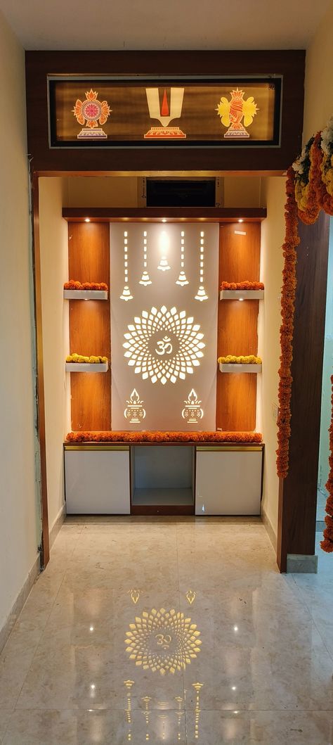 Pooja Room Design Modern Indian, Deoghar Design, Wooden Pooja Room Design, Modern Pooja Room Design Indian Homes, Puja Mandir Design Home In Usa, Interior Design For Pooja Room, Pvc Pooja Room Design, Indian Hall Decor, Living Room Tv Unit Ideas