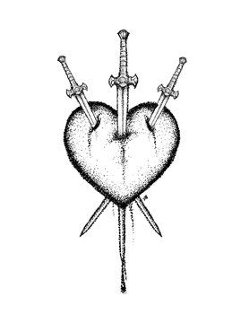 Pierced Heart Drawing, Heart With 3 Swords Tattoo, 3 Of Swords Tarot Tattoo, Three Of Swords Tattoo Fine Line, Heart Swords Tattoo, Heart With Three Swords Tattoo, Heart Swords Tattoo Ideas, Three Of Hearts Tattoo, Evil Eye Small Tattoo