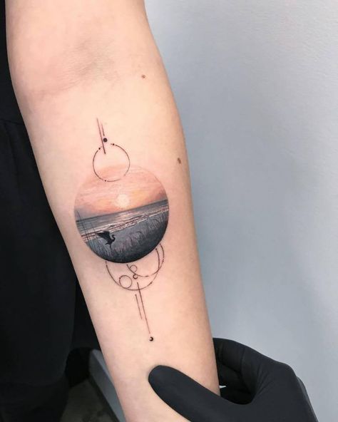 Sunsets Landscapes, Miniature Tattoos, Beach Tattoos, Sunset Tattoo, Mommy Ideas, Mother Nature Tattoos, Sunset Tattoos, Korean Tattoos, Circle Tattoos