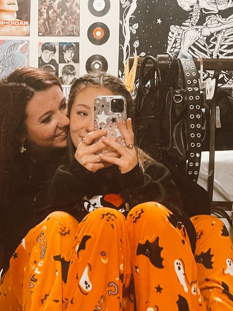 wlw couple aesthetic fall halloween aesthetic matching halloween pj pants lesbian sapphic love couple orange black pj ghost pants mirror picture Cute Poly Couple Aesthetic, Fall Wlw Aesthetic, Wlw Fall Aesthetic, Zesty Wallpaper, Wlw Sleepover, Wlw Matching Outfits, Lesbian Couple Halloween, Sapphic Halloween, Wlw Costumes