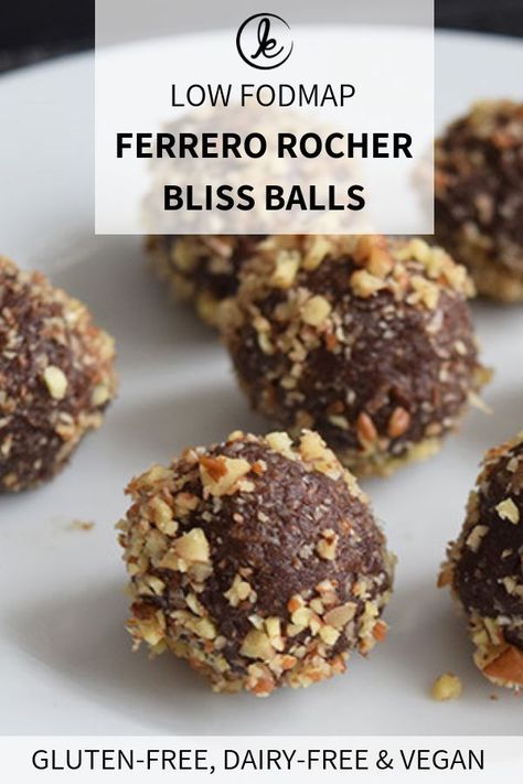 Low FODMAP ferrero rocher bliss balls. Delicious energy balls made with homemade nutella, oat flour and chopped hazelnuts. A yummy and healthy snack! #FODMAP #glutenfree #dairyfree #vegan #blissballs #energyballs Fod Map, Low Fodmap Recipes Dinner, Fodmap Food, Low Fodmap Snacks, Healthy Nutella, Fodmap Snacks, Energy Balls Healthy, Low Fodmap Diet Recipes, Fodmap Diet Recipes