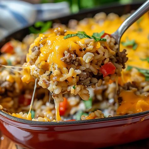 Cheesy Hamburger Rice Casserole Recipe - emiliarecipes.com Hamburger Rice Casserole, Hamburger Rice, Rice Casserole Recipes, Hamburger Casserole, Potatoe Casserole Recipes, Beef Casserole Recipes, Diced Tomatoes, Rice Casserole, Easy Casserole Recipes