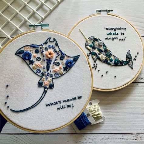 Embroidery Under The Sea, Ocean Embroidery, Knitting Quilt, Wooden Embroidery, Wooden Embroidery Hoops, Stitch Guide, Calico Fabric, Embroidered Art, Manta Ray