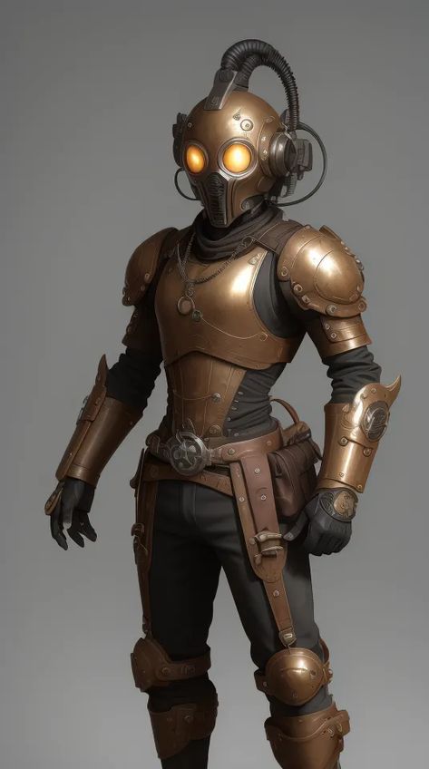 The image shows a steampunk character wearing a copper-colored armor with black clothing underneath. The armor consists of a helmet with two glowing orange lenses, a chest plate, shoulder pads, arm guards, and leg guards. The character also has a belt with a pouch attached to it. They are wearing a pair of black boots and have a pair of goggles on their head. The background is a light gray color. Steampunk Chest Plate, Shoulder Plate Armor, Copper Armor, Anime Steampunk, Steampunk Character, Arm Guards, Chest Plate, Steampunk Lighting, Arm Guard