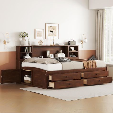 PRICES MAY VARY. 【Full Daybed with Storage】: This wooden daybed is designed in a simple and retro style, which can match different decorative styles or furniture in any room. The 2 built-in cabinets and open shelves are designed with a clean silhouette and a hue of elegance. 【Daybed with Bookcase Headboard】: The daybed comes bookcase headboard to organize various items. Four side compartments and one large middle compartment for storage; Freestanding design is convenient for daily use. 【Wood Cap Bedframes With Storage, Full Bookshelf, Full Size Storage Bed, Backboards For Beds, Captain Bed, Bed With Drawers Underneath, Wooden Bed With Storage, Bed With Bookcase, Bed Headboard Storage