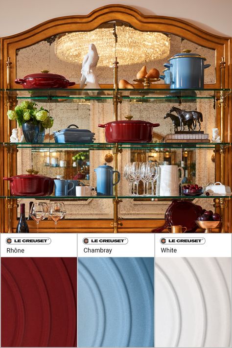 Rhone Le Creuset, Le Creuset Chambray, Le Creuset Colors Combinations, Le Crueset, Le Creuset Colors, Pairing Ideas, Pan Organization, Red Can, Table Making