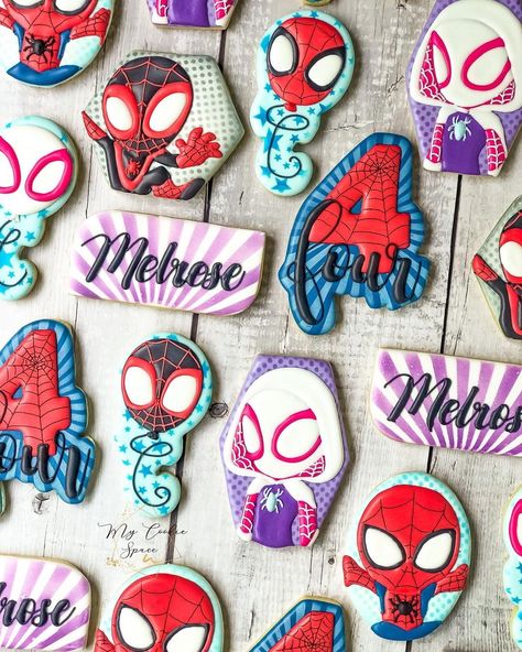 Spider Verse Cookies, Spidey And His Amazing Friends Decorated Cookies, Spidey Birthday Cookies, Spidey And Friends Cookies Decorated, Ghost Spider Cookies, Spidey And Friends Cookies, Spider Man Cookies Decorated, Spider-man Cookies, Spiderman Cookies Decorated