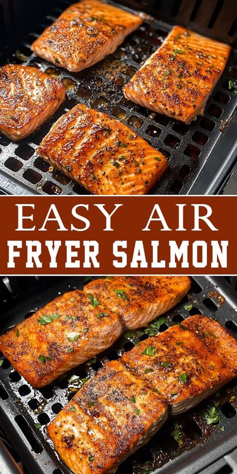 Quick, healthy, and perfectly crispy! This Easy Air Fryer Salmon is the ideal dinner for busy nights. With just a few simple ingredients, you can make juicy, flavorful salmon in no time! 🐟🍴 Perfect for meal prep, low-carb, or keto diets. #AirFryerSalmon #HealthyRecipes #QuickDinner #SalmonRecipe #AirFryerMeals #KetoDinner #MealPrep #EasyRecipes #LowCarbMeals Salmon In Ninja Air Fryer, Air Fruer Salmon, Salmon In Air Fryer Time, Crispy Skin Salmon Air Fryer, Air Fryer Salmon Burgers, Air Fryer Salmon Fillets, Hamilton Beach Air Fryer Recipes, Crockpot Recipes Salmon, Simple Salmon Marinade