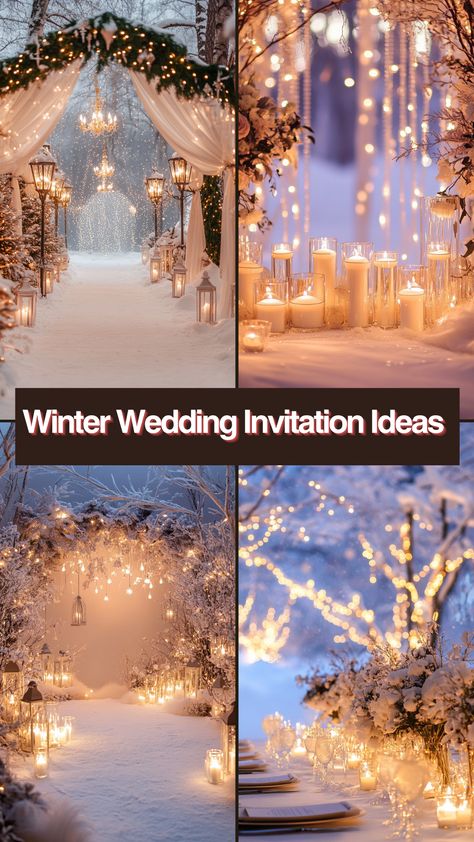 Winter wedding invitation featuring elegant designs and a winter wonderland backdrop theme. Elegant Winter Wonderland Party, Winter Enchanted Forest Theme, Winter Wedding Ceremony Backdrop, Winter Wedding Backdrop, Wedding Ceremony Backdrop Ideas, Winter Wonderland Photo Backdrop, Ceremony Backdrop Ideas, Winter Wonderland Theme Party, Indoor Winter Wedding