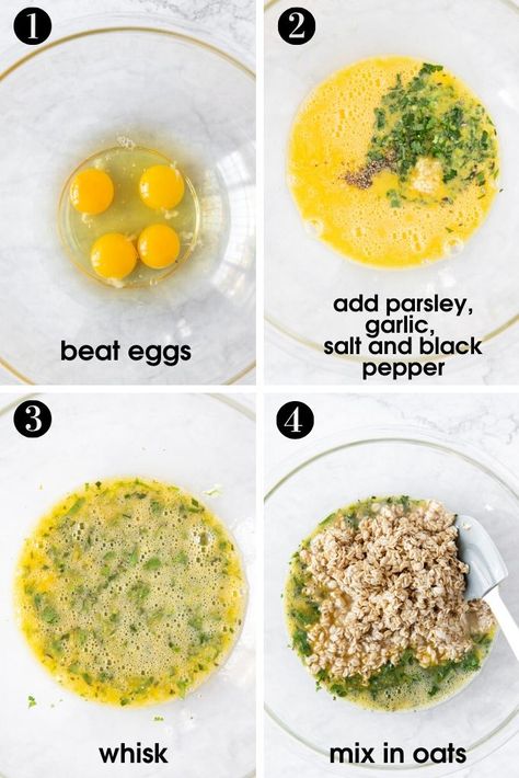 These delicious savory oatmeal bars are made with just six simple ingredients. Easy to make by soaking rolled oats in water, then adding eggs, parsley, minced garlic, salt and pepper to them, and baking for 30 minutes. Breakfast or snack any time. Oat With Egg, Eggs And Oats Recipe, Oatmeal Salty Recipes, Egg Oats Breakfast, Savory Rolled Oats Recipe, Oats Savoury Recipes, Savory Oatmeal Bake, Oats And Eggs Breakfast, Oatmeal And Eggs Breakfast