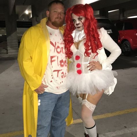 Sexy female pennywise and Georgie couples costume Penny Wise Couple Costume, Female It Costume, Penny Wise And Georgie Costume Couple, Georgie Costume It Women, It And Georgie Costume Couple, Penny Wise And Georgie Costume, Diy Pennywise Costume For Women, It Costume Clown Women, Pennywise Costume Female Diy