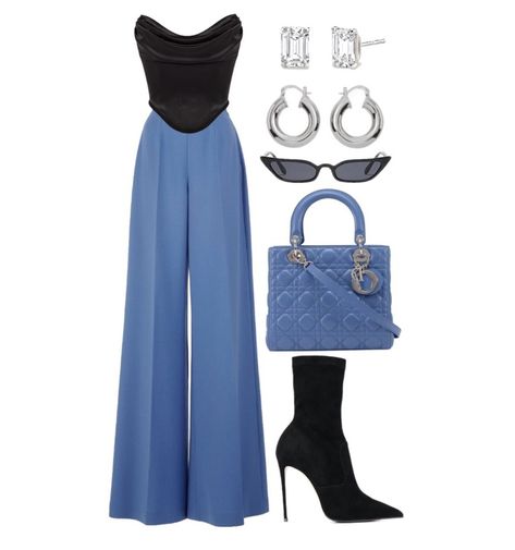 Wide Leg Pants Dinner Outfit, Corset Top With Wide Leg Pants, Corset With Wide Leg Pants, Blue Outfit Fancy, Corset Top Dinner Outfit, Corset And Wide Leg Pants Outfit, Black Corset Top Outfit Classy, Outfit With Blue Heels, Outfits With Black Corset