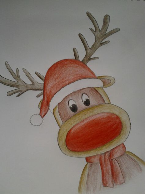 Rudolf de rendier! Rudolf Drawing, Reindeer Drawing, Happy Painting, Rudolph The Red, Happy Paintings, Christmas Drawing, Red Nosed Reindeer, Easy Drawings, Christmas Card