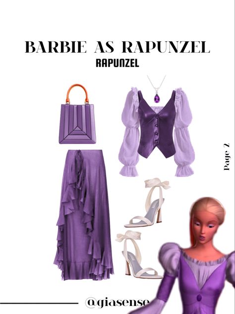 Barbie As Rapunzel Inspired Outfit Recreating Barbie Outfits, Barbie Rapunzel Inspired Outfits, Old Barbie Movies Outfits, Rapunzel Inspired Outfit Casual, Rapunzel Moodboard, Rapunzel Inspired Outfits, Rapunzel Outfit Ideas, Rapunzel Inspired Outfit, Movie Theather